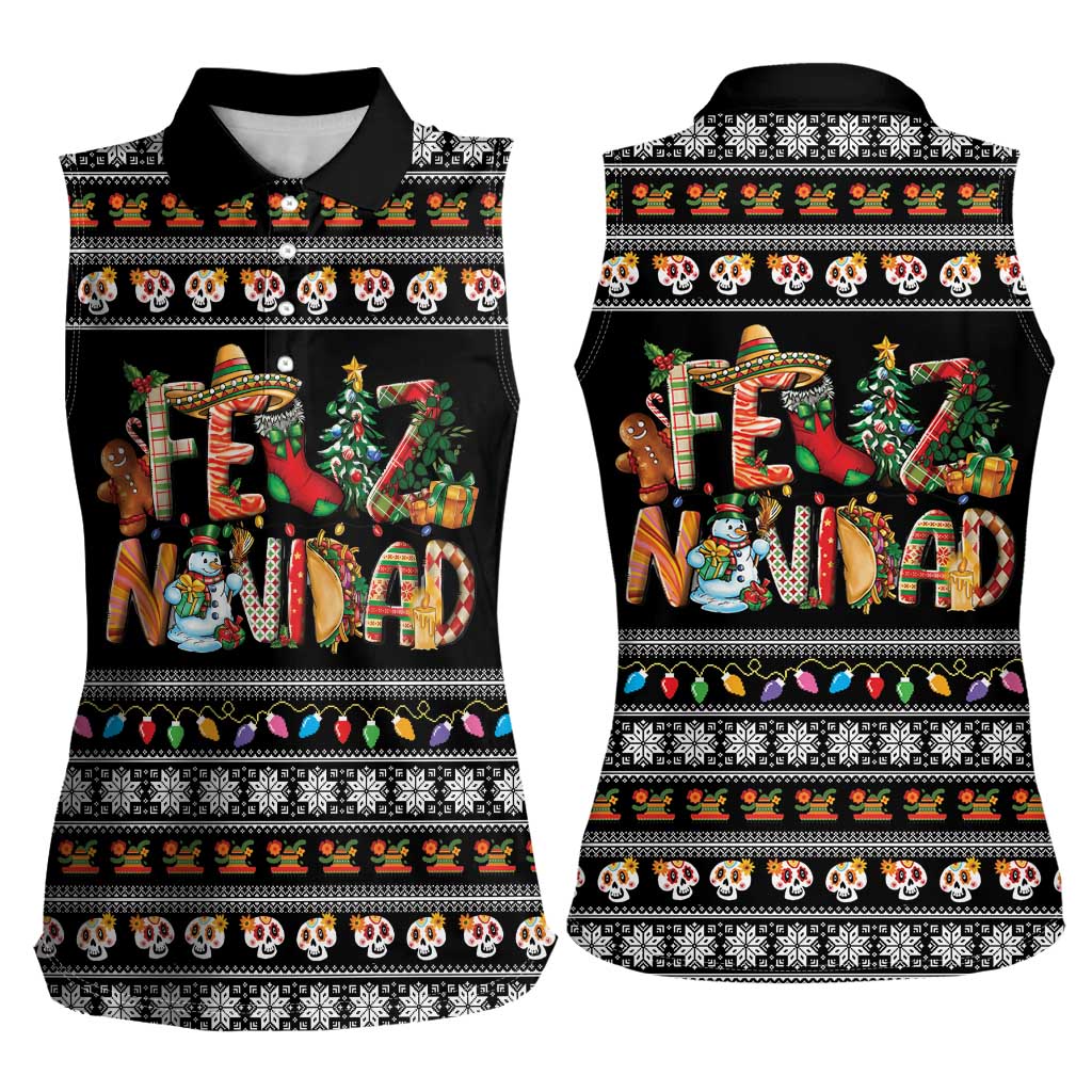 Mexican Sumbrero and Snowman Christmas Women Sleeveless Polo Shirt Feliz Navidad Mexico - Wonder Print Shop