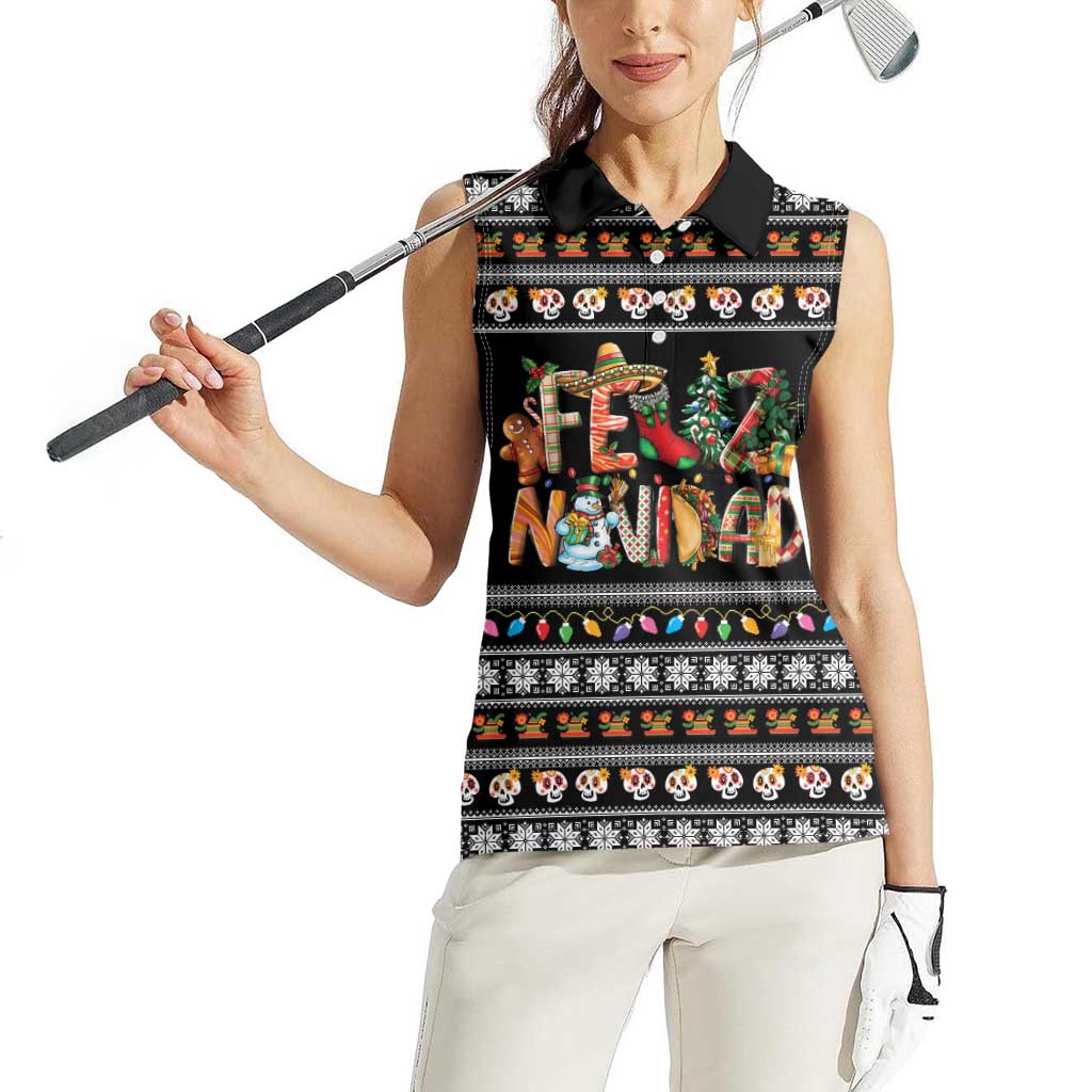 Mexican Sumbrero and Snowman Christmas Women Sleeveless Polo Shirt Feliz Navidad Mexico - Wonder Print Shop