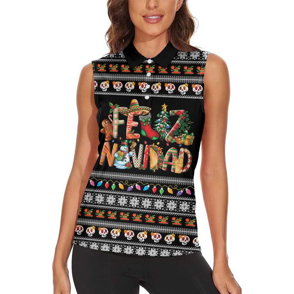 Mexican Sumbrero and Snowman Christmas Women Sleeveless Polo Shirt Feliz Navidad Mexico - Wonder Print Shop