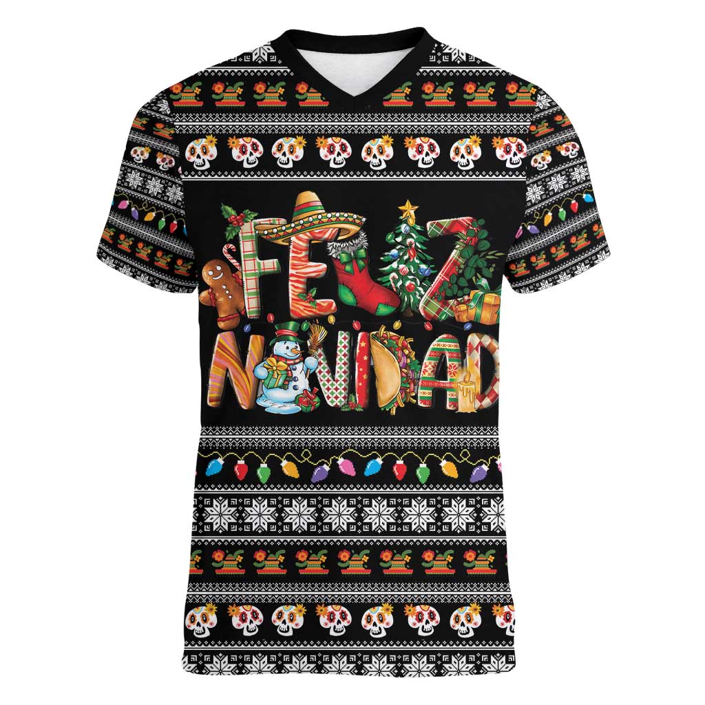 Mexican Sumbrero and Snowman Christmas Women V-Neck T-Shirt Feliz Navidad Mexico - Wonder Print Shop