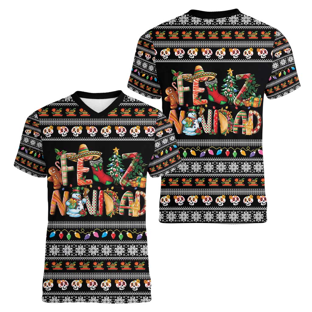 Mexican Sumbrero and Snowman Christmas Women V-Neck T-Shirt Feliz Navidad Mexico - Wonder Print Shop