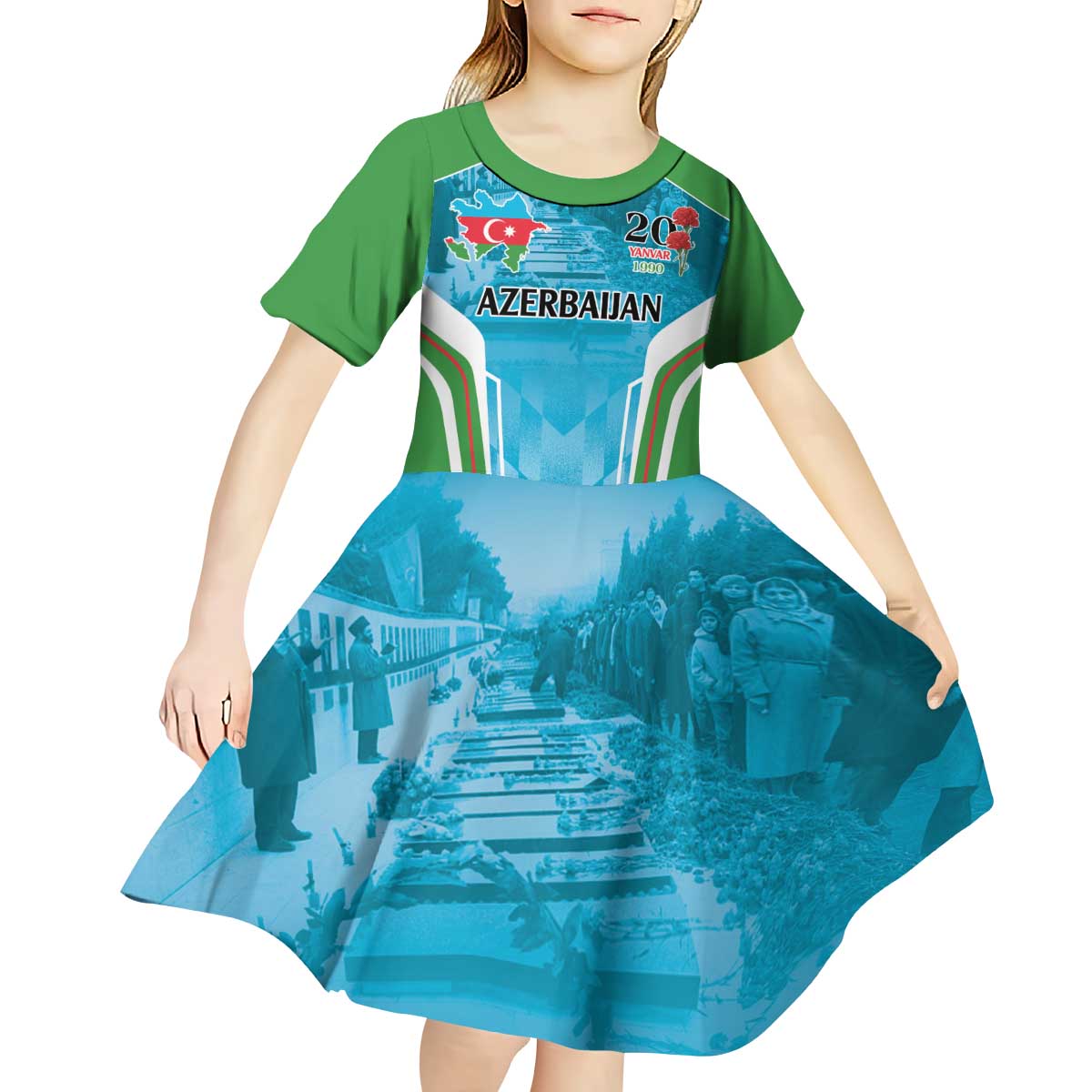 Personalized Azerbaijan Black January Kid Short Sleeve Dress 20 Yanvar 1990 - Wonder Print Shop