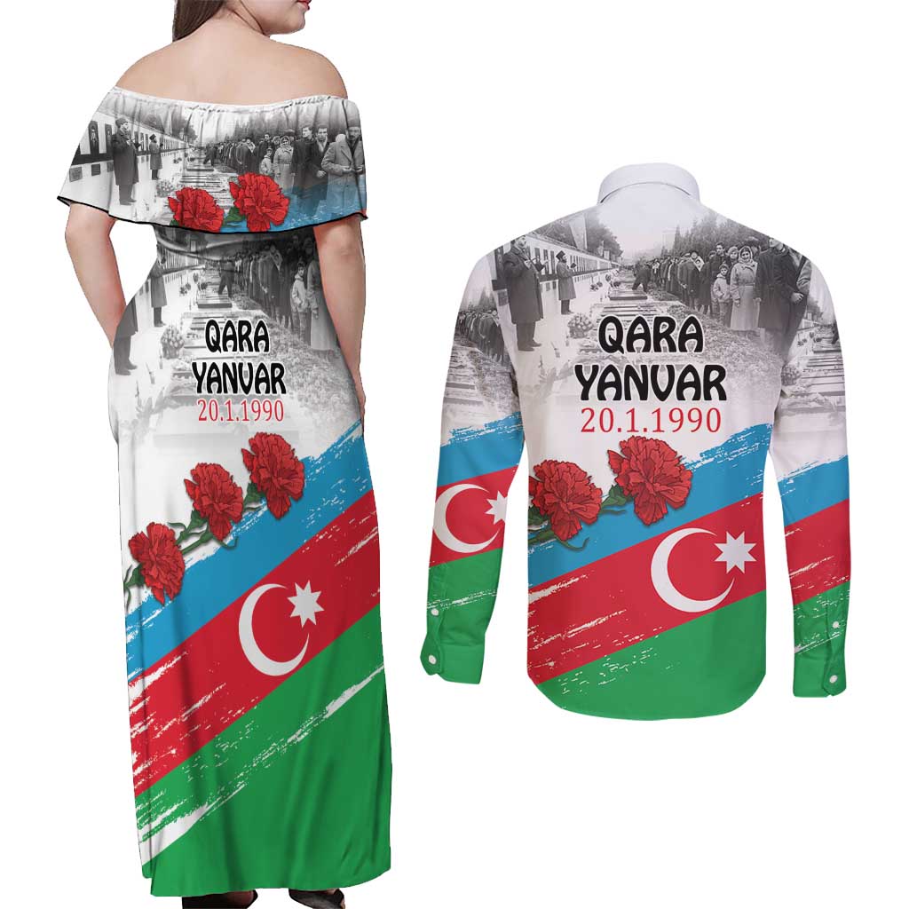 Azerbaijan Qara Yanvar Couples Matching Off Shoulder Maxi Dress and Long Sleeve Button Shirt with Flag Style LT9 - Wonder Print Shop