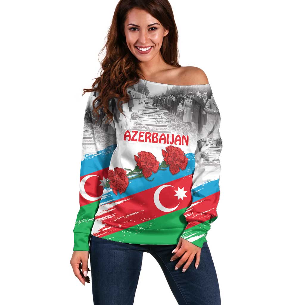 Azerbaijan Qara Yanvar Off Shoulder Sweater with Flag Style - Wonder Print Shop