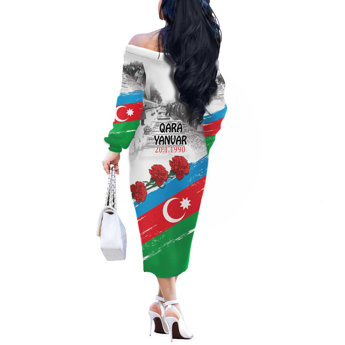 Azerbaijan Qara Yanvar Off The Shoulder Long Sleeve Dress with Flag Style - Wonder Print Shop