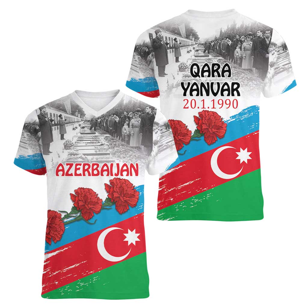 Azerbaijan Qara Yanvar Women V-Neck T-Shirt with Flag Style - Wonder Print Shop