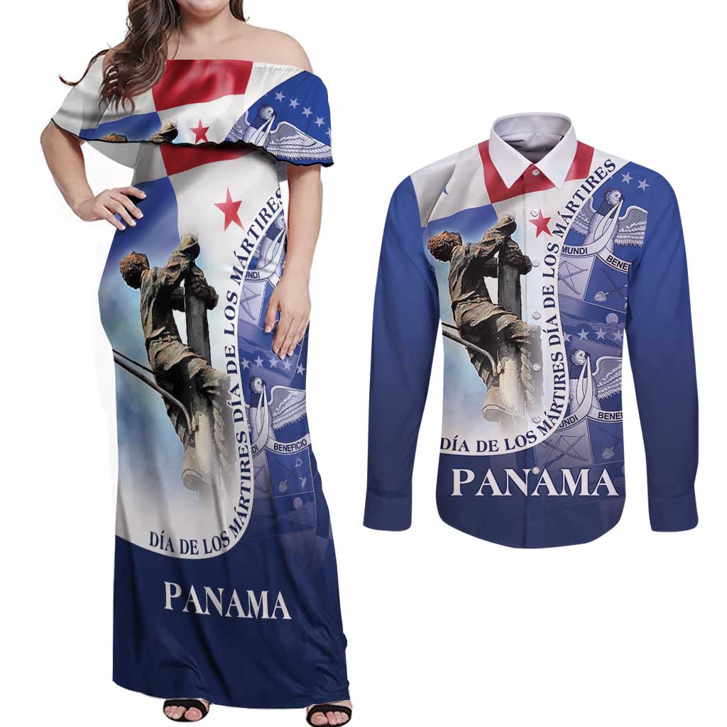 Panama Dia de los Martires Couples Matching Off Shoulder Maxi Dress and Long Sleeve Button Shirt Panama Martyrs' Day Raises Flag LT9 - Wonder Print Shop