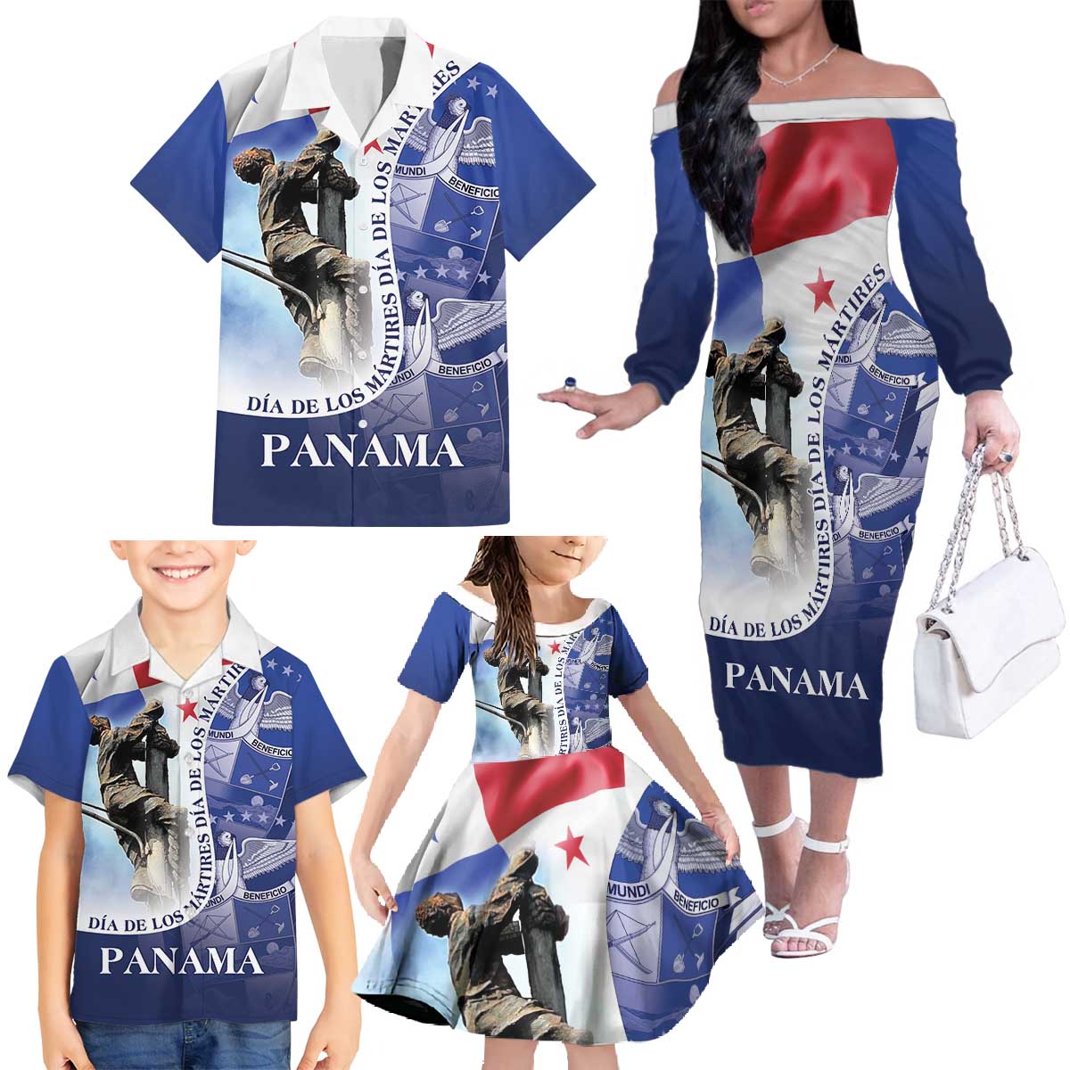 Panama Dia de los Martires Family Matching Off The Shoulder Long Sleeve Dress and Hawaiian Shirt Panama Martyrs' Day Raises Flag - Wonder Print Shop