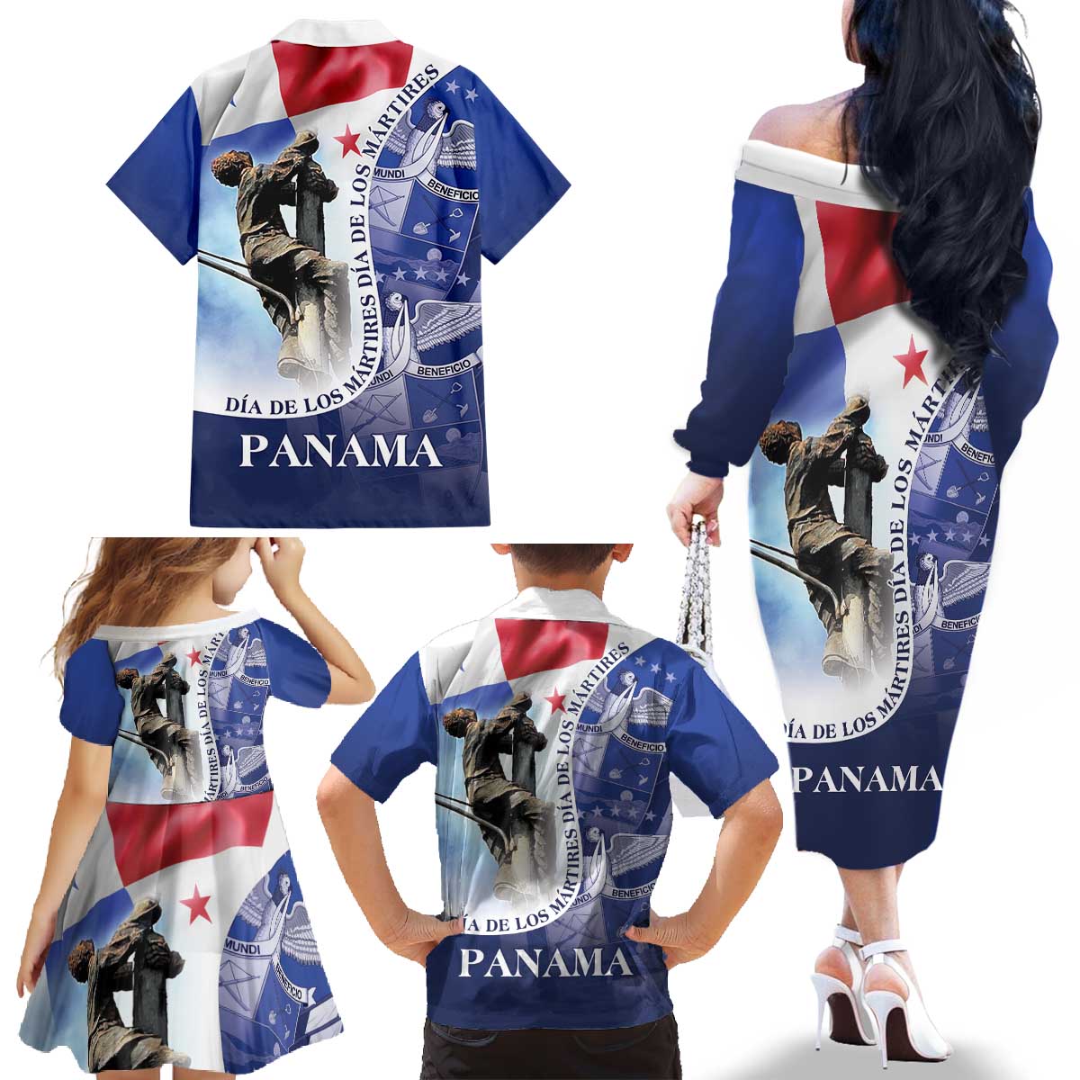 Panama Dia de los Martires Family Matching Off The Shoulder Long Sleeve Dress and Hawaiian Shirt Panama Martyrs' Day Raises Flag - Wonder Print Shop