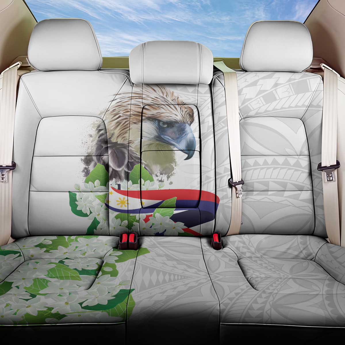 Philippines Eagle and Sampaguita Flowers Back Car Seat Cover Polynesian Pattern LT9 - Wonder Print Shop