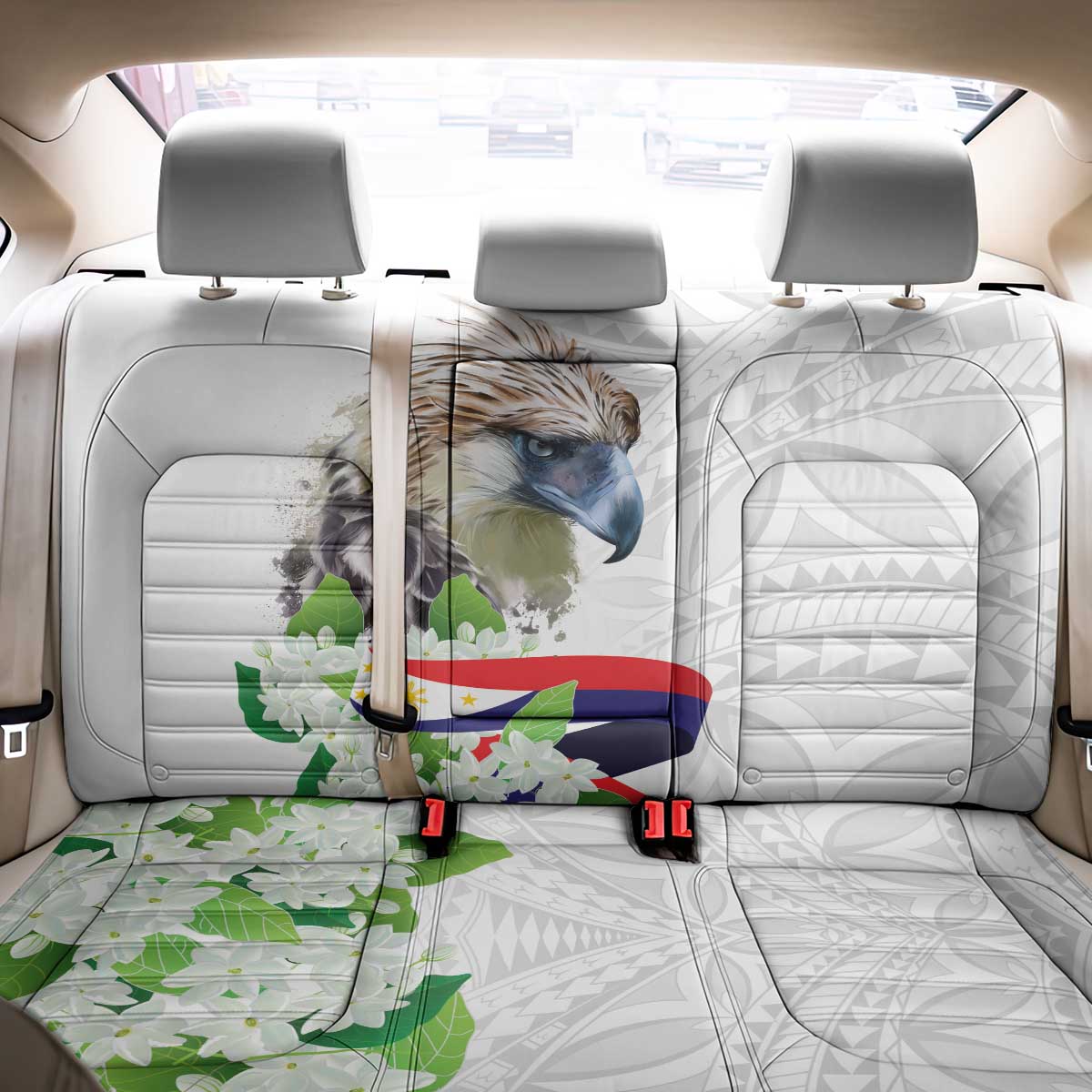 Philippines Eagle and Sampaguita Flowers Back Car Seat Cover Polynesian Pattern LT9 - Wonder Print Shop