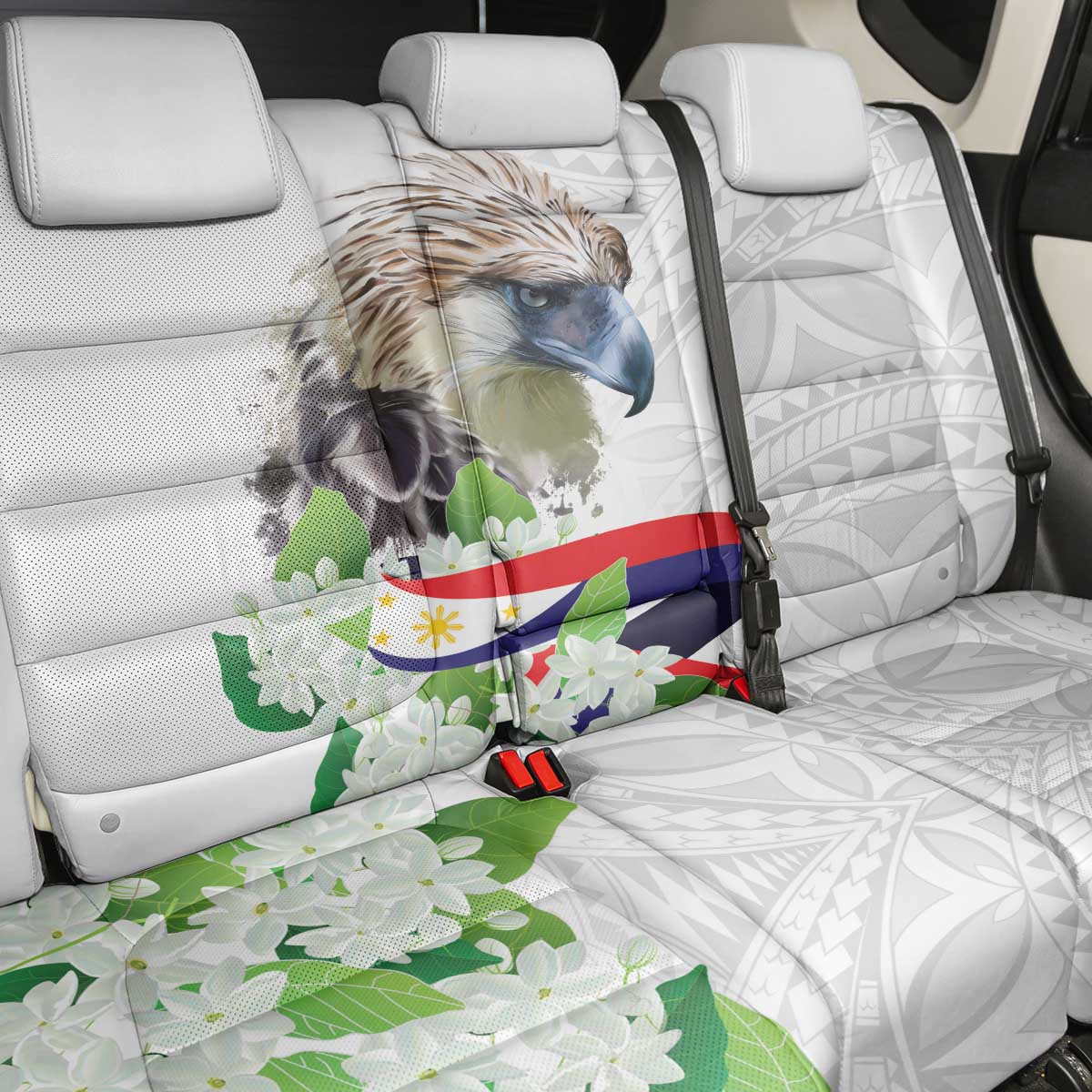 Philippines Eagle and Sampaguita Flowers Back Car Seat Cover Polynesian Pattern LT9 - Wonder Print Shop