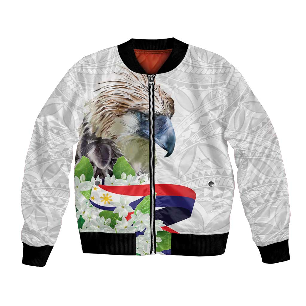 Philippines Eagle and Sampaguita Flowers Bomber Jacket Polynesian Pattern LT9 - Wonder Print Shop