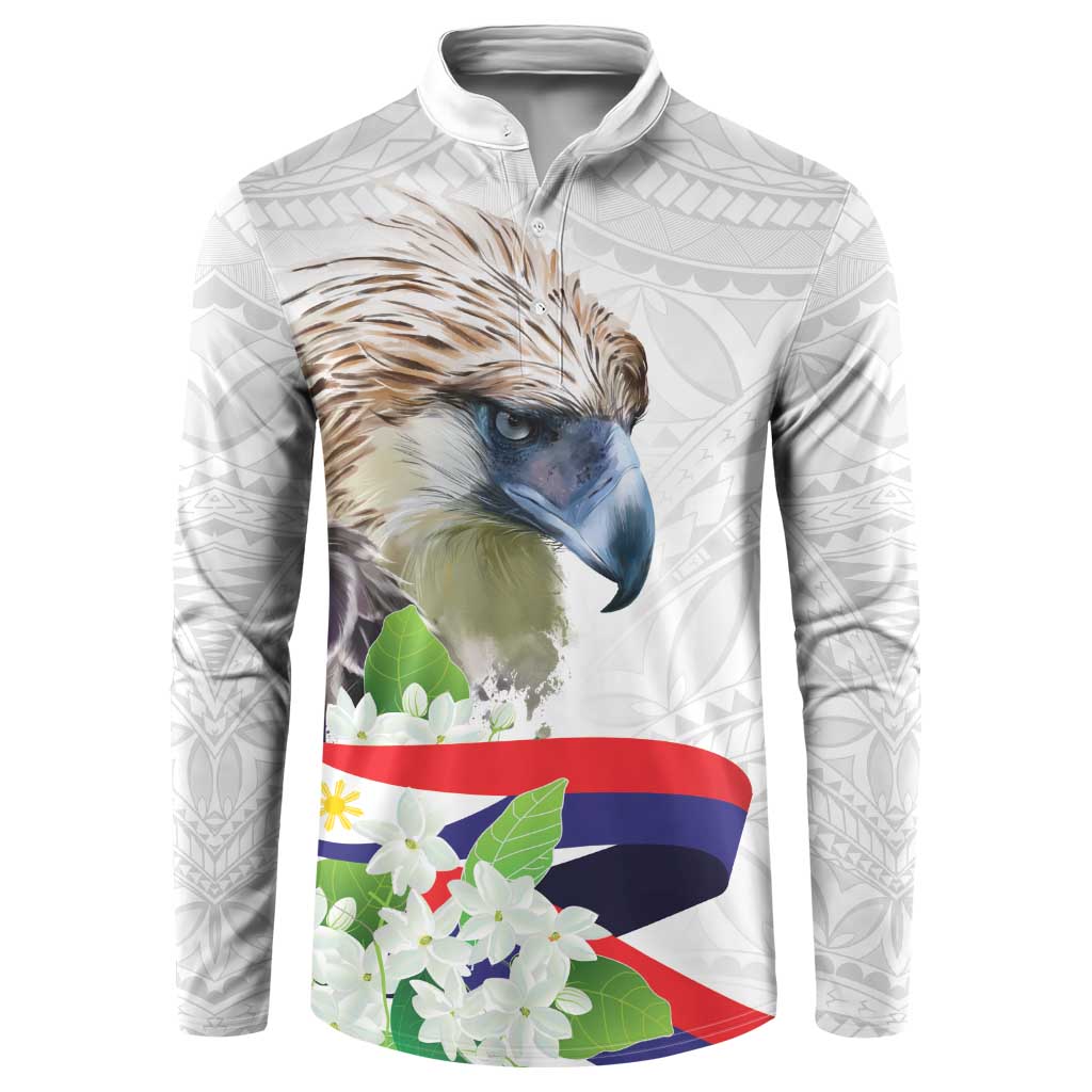 Philippines Eagle and Sampaguita Flowers Button Sweatshirt Polynesian Pattern LT9 - Wonder Print Shop