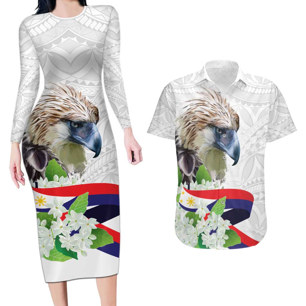 Philippines Eagle and Sampaguita Flowers Couples Matching Long Sleeve Bodycon Dress and Hawaiian Shirt Polynesian Pattern LT9 - Wonder Print Shop