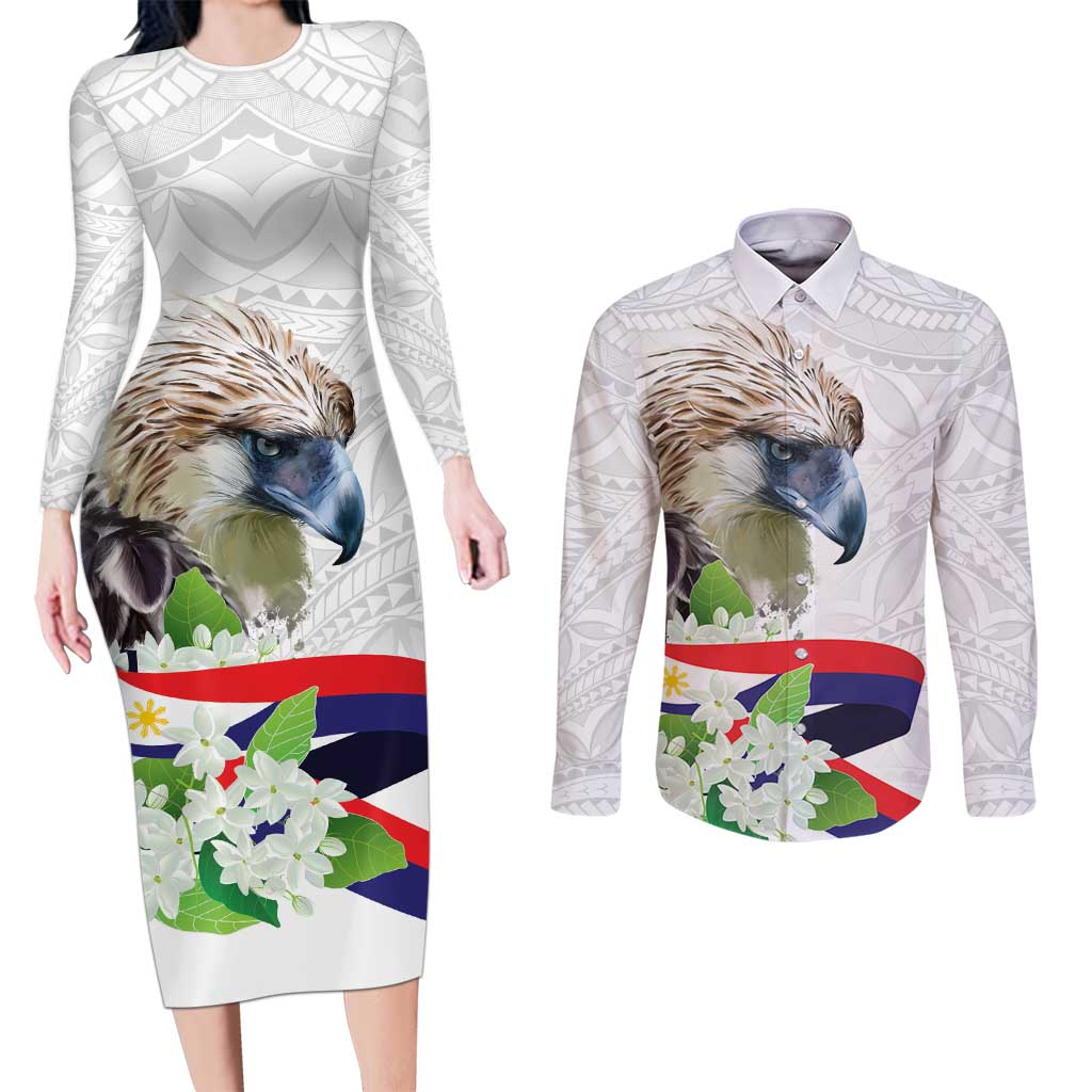 Philippines Eagle and Sampaguita Flowers Couples Matching Long Sleeve Bodycon Dress and Long Sleeve Button Shirt Polynesian Pattern LT9 - Wonder Print Shop