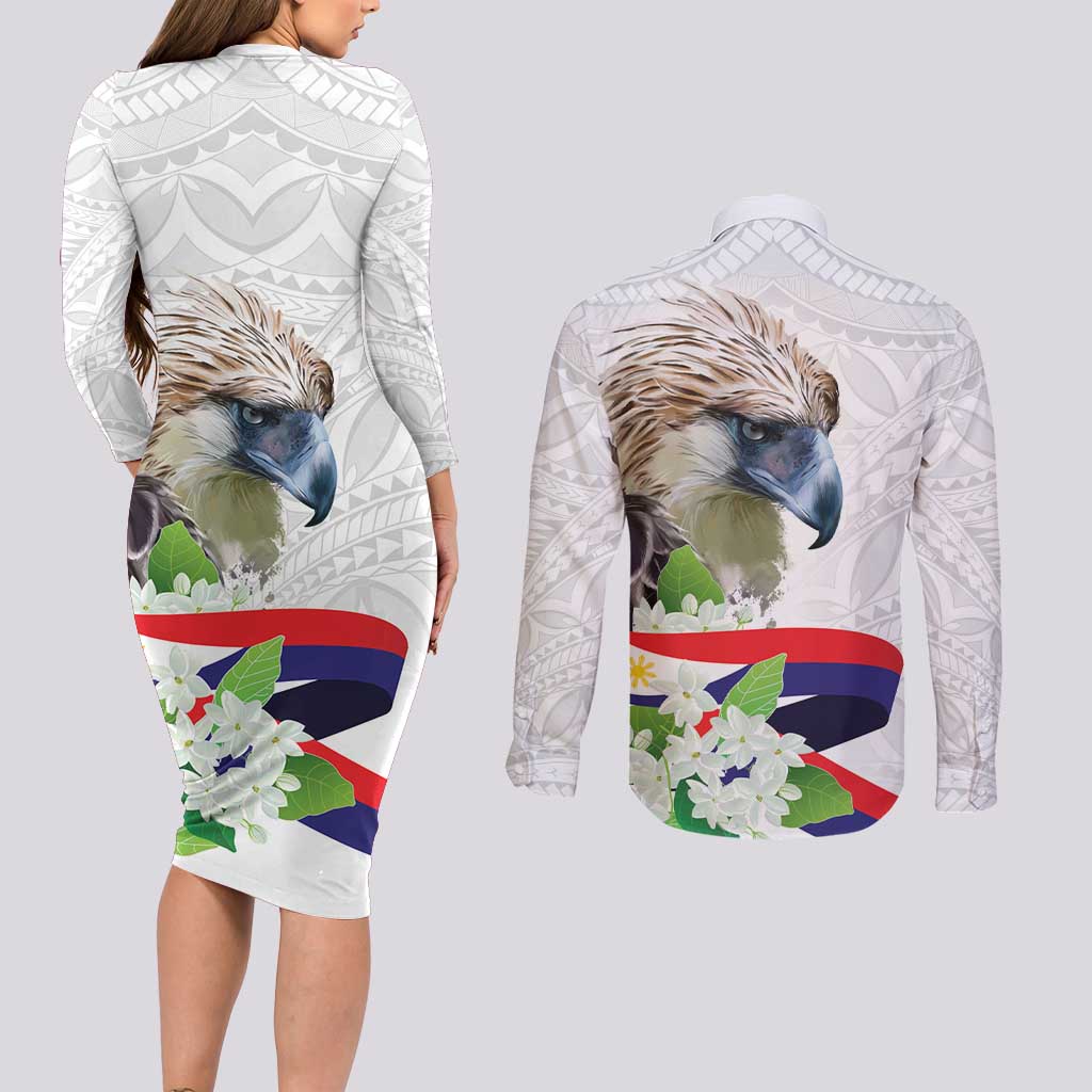 Philippines Eagle and Sampaguita Flowers Couples Matching Long Sleeve Bodycon Dress and Long Sleeve Button Shirt Polynesian Pattern LT9 - Wonder Print Shop