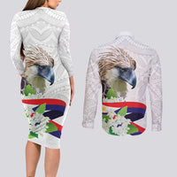 Philippines Eagle and Sampaguita Flowers Couples Matching Long Sleeve Bodycon Dress and Long Sleeve Button Shirt Polynesian Pattern LT9 - Wonder Print Shop