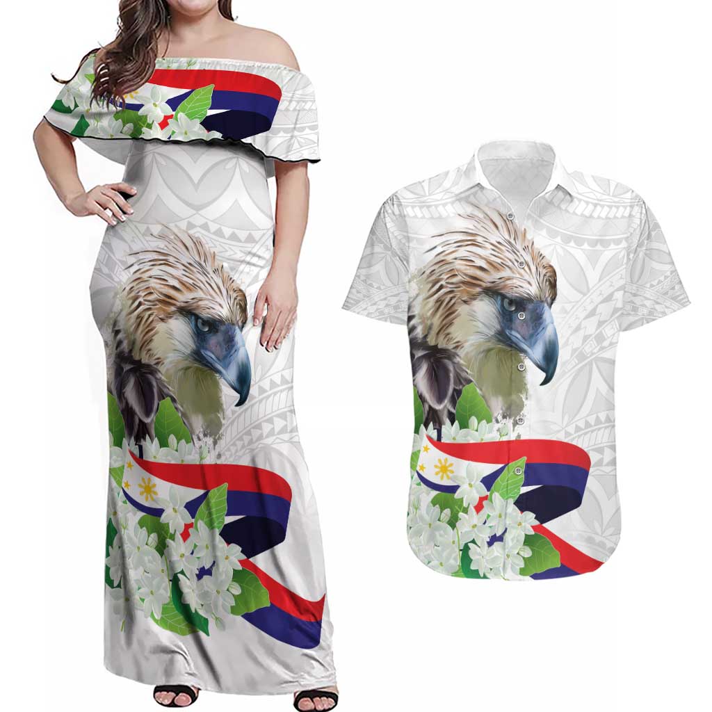 Philippines Eagle and Sampaguita Flowers Couples Matching Off Shoulder Maxi Dress and Hawaiian Shirt Polynesian Pattern LT9 - Wonder Print Shop