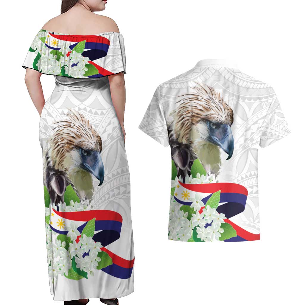 Philippines Eagle and Sampaguita Flowers Couples Matching Off Shoulder Maxi Dress and Hawaiian Shirt Polynesian Pattern LT9 - Wonder Print Shop