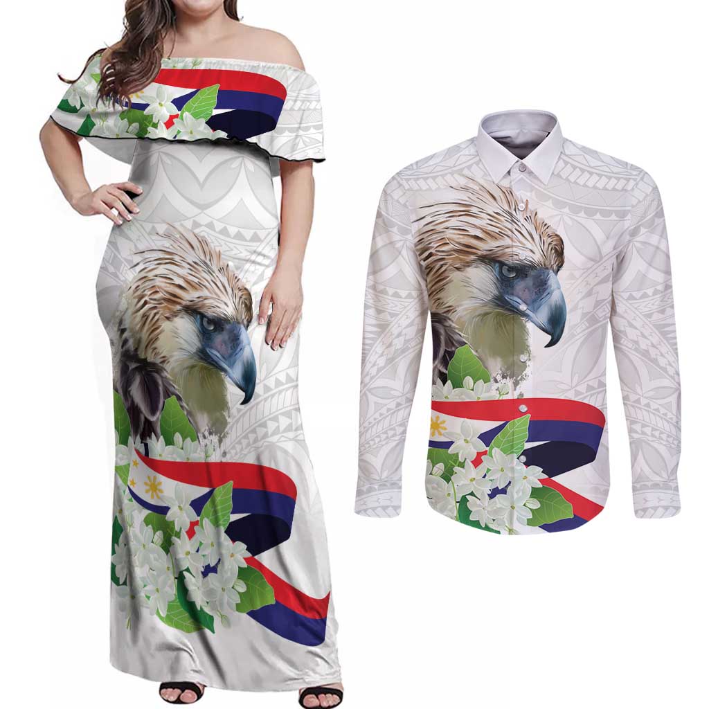 Philippines Eagle and Sampaguita Flowers Couples Matching Off Shoulder Maxi Dress and Long Sleeve Button Shirt Polynesian Pattern LT9 - Wonder Print Shop