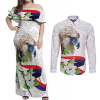 Philippines Eagle and Sampaguita Flowers Couples Matching Off Shoulder Maxi Dress and Long Sleeve Button Shirt Polynesian Pattern LT9 - Wonder Print Shop