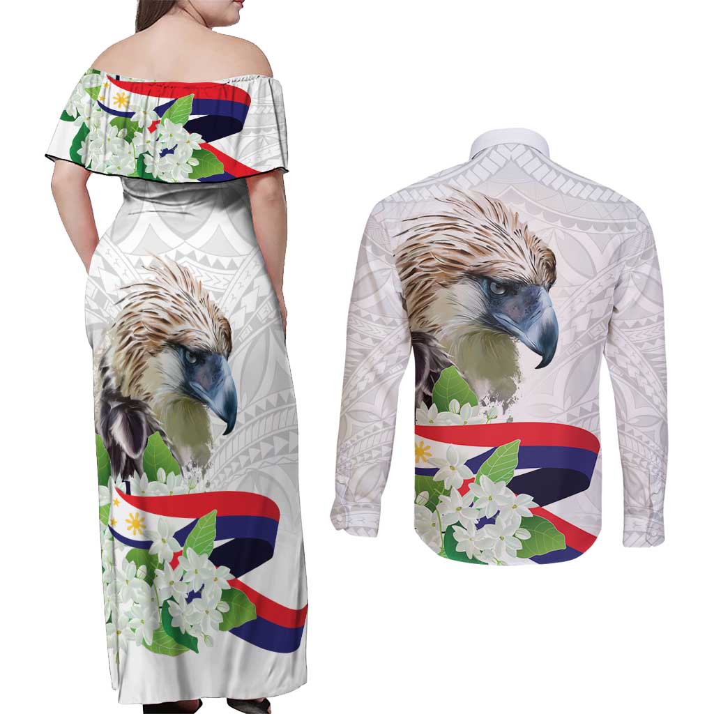 Philippines Eagle and Sampaguita Flowers Couples Matching Off Shoulder Maxi Dress and Long Sleeve Button Shirt Polynesian Pattern LT9 - Wonder Print Shop