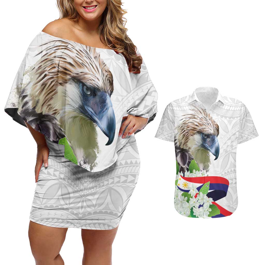 Philippines Eagle and Sampaguita Flowers Couples Matching Off Shoulder Short Dress and Hawaiian Shirt Polynesian Pattern LT9 - Wonder Print Shop