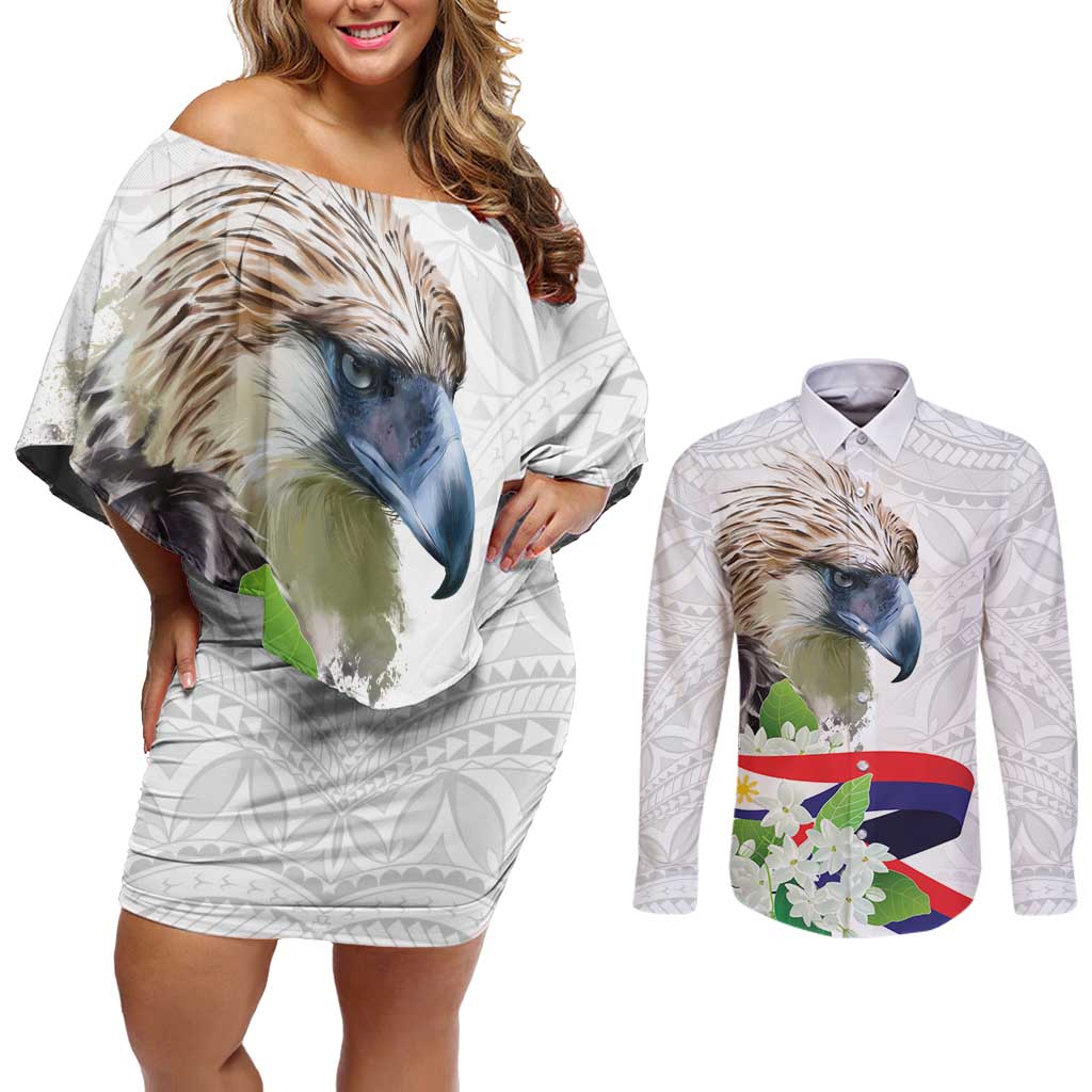Philippines Eagle and Sampaguita Flowers Couples Matching Off Shoulder Short Dress and Long Sleeve Button Shirt Polynesian Pattern LT9 - Wonder Print Shop