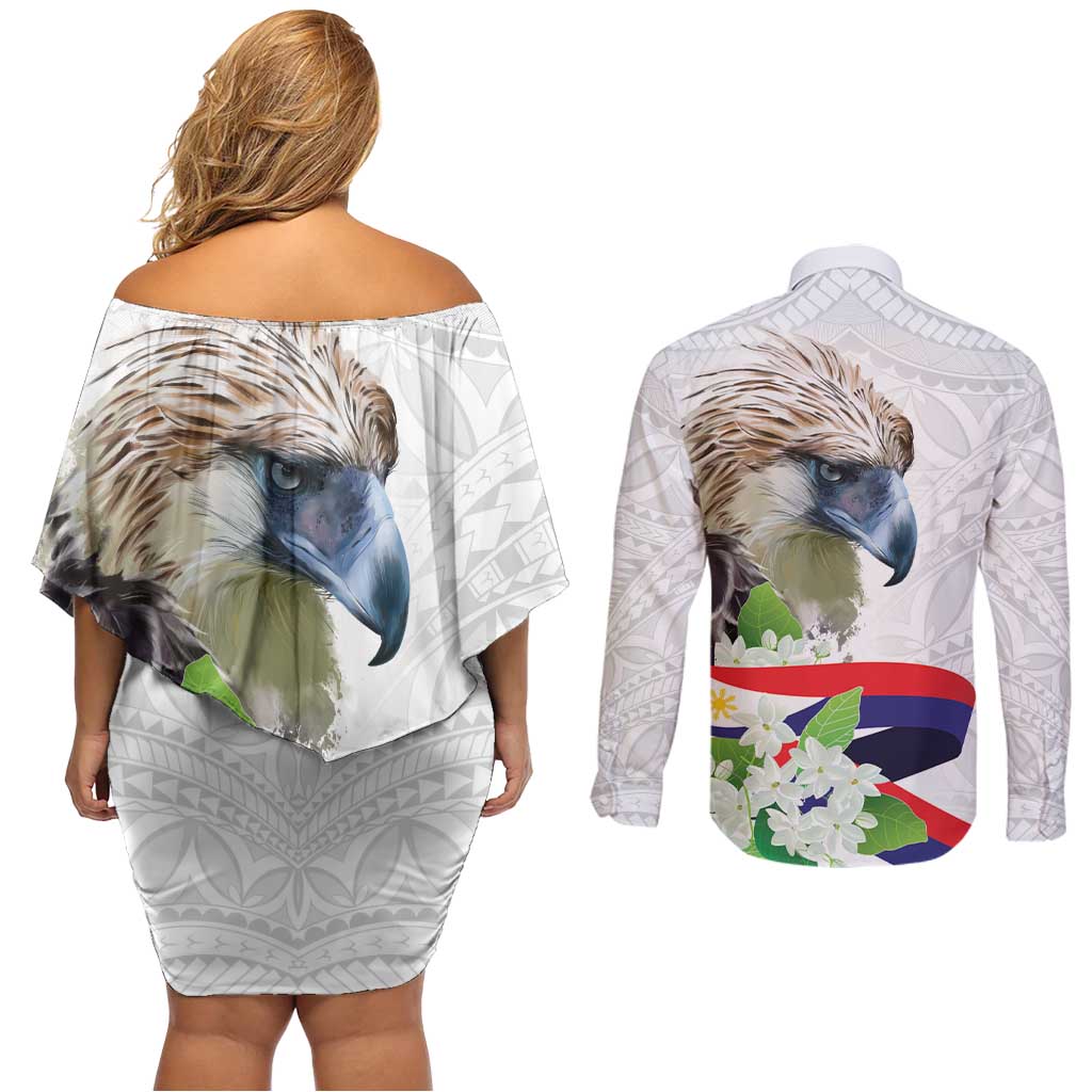 Philippines Eagle and Sampaguita Flowers Couples Matching Off Shoulder Short Dress and Long Sleeve Button Shirt Polynesian Pattern LT9 - Wonder Print Shop