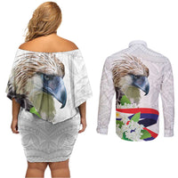 Philippines Eagle and Sampaguita Flowers Couples Matching Off Shoulder Short Dress and Long Sleeve Button Shirt Polynesian Pattern LT9 - Wonder Print Shop