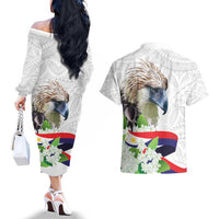Philippines Eagle and Sampaguita Flowers Couples Matching Off The Shoulder Long Sleeve Dress and Hawaiian Shirt Polynesian Pattern LT9 - Wonder Print Shop