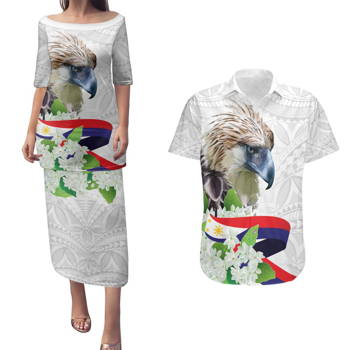 Philippines Eagle and Sampaguita Flowers Couples Matching Puletasi and Hawaiian Shirt Polynesian Pattern LT9 - Wonder Print Shop