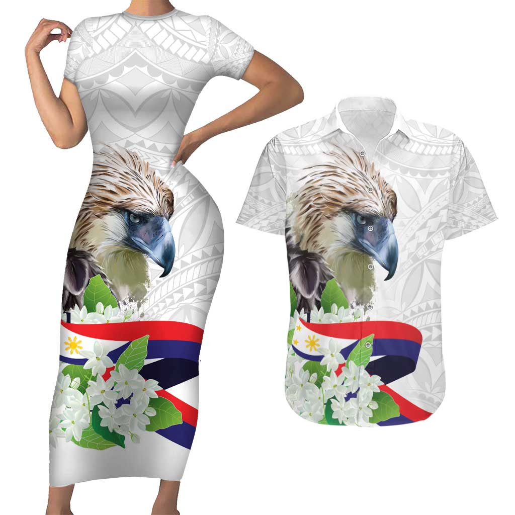 Philippines Eagle and Sampaguita Flowers Couples Matching Short Sleeve Bodycon Dress and Hawaiian Shirt Polynesian Pattern LT9 - Wonder Print Shop