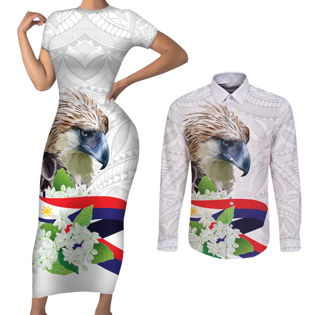 Philippines Eagle and Sampaguita Flowers Couples Matching Short Sleeve Bodycon Dress and Long Sleeve Button Shirt Polynesian Pattern LT9 - Wonder Print Shop