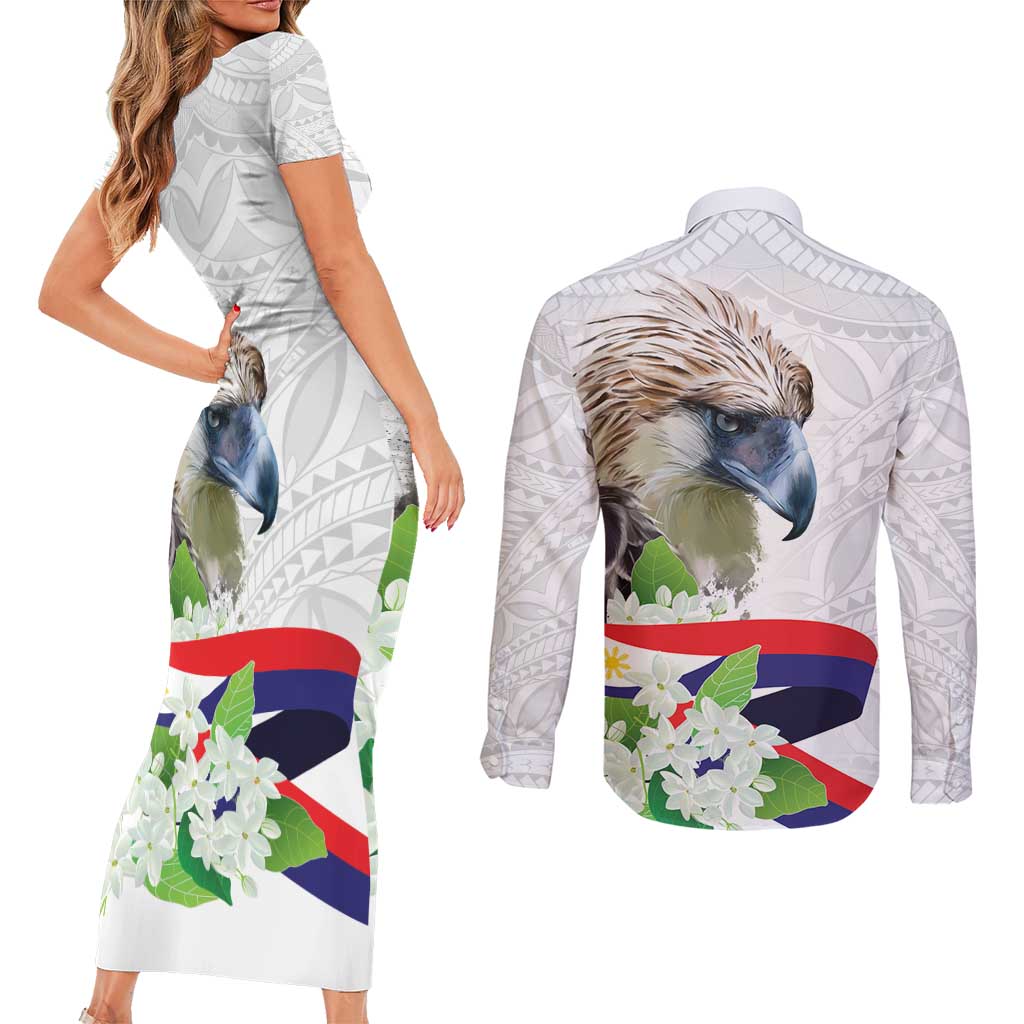 Philippines Eagle and Sampaguita Flowers Couples Matching Short Sleeve Bodycon Dress and Long Sleeve Button Shirt Polynesian Pattern LT9 - Wonder Print Shop