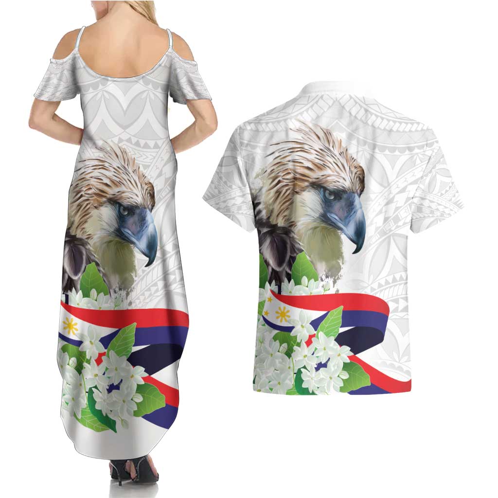 Philippines Eagle and Sampaguita Flowers Couples Matching Summer Maxi Dress and Hawaiian Shirt Polynesian Pattern LT9 - Wonder Print Shop