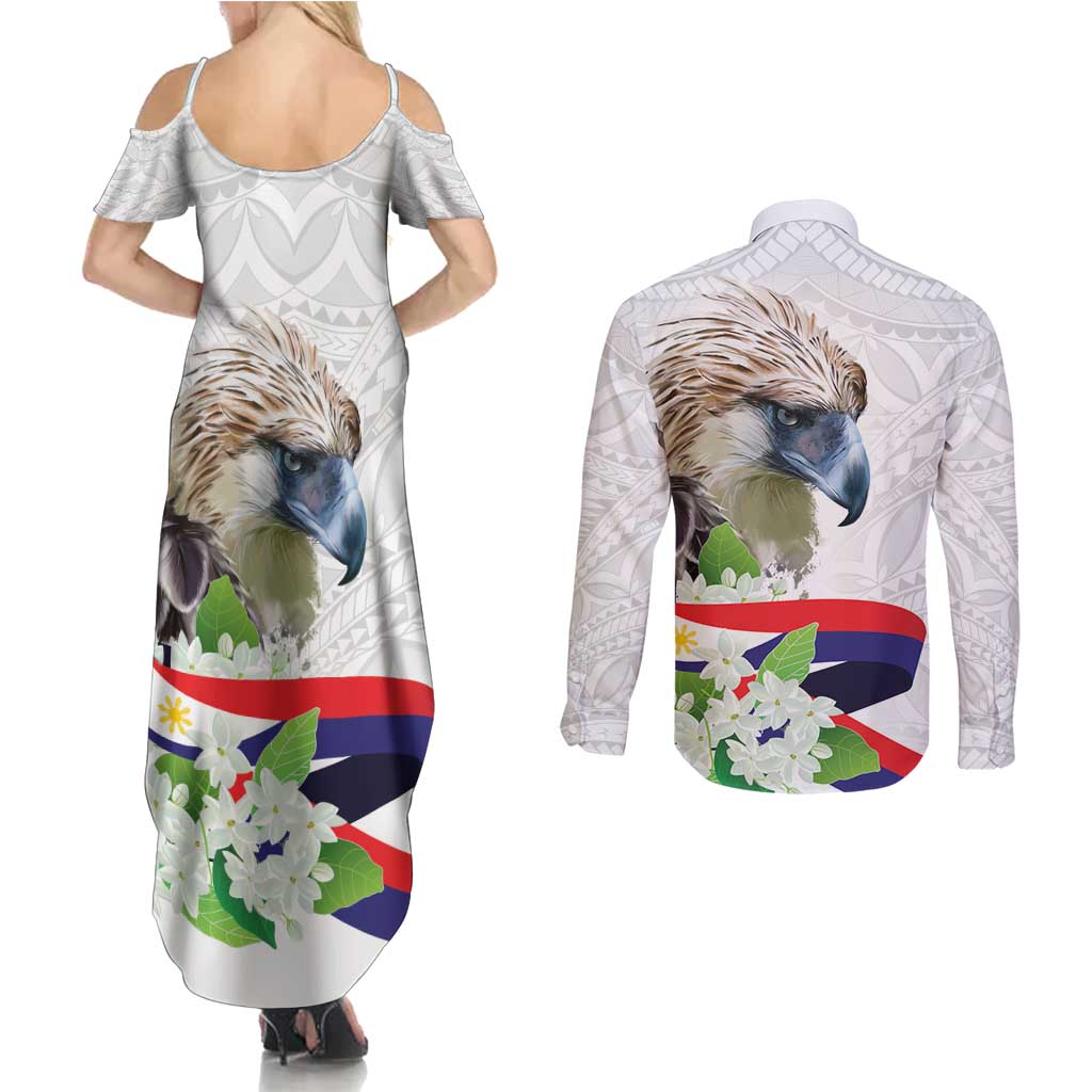 Philippines Eagle and Sampaguita Flowers Couples Matching Summer Maxi Dress and Long Sleeve Button Shirt Polynesian Pattern LT9 - Wonder Print Shop