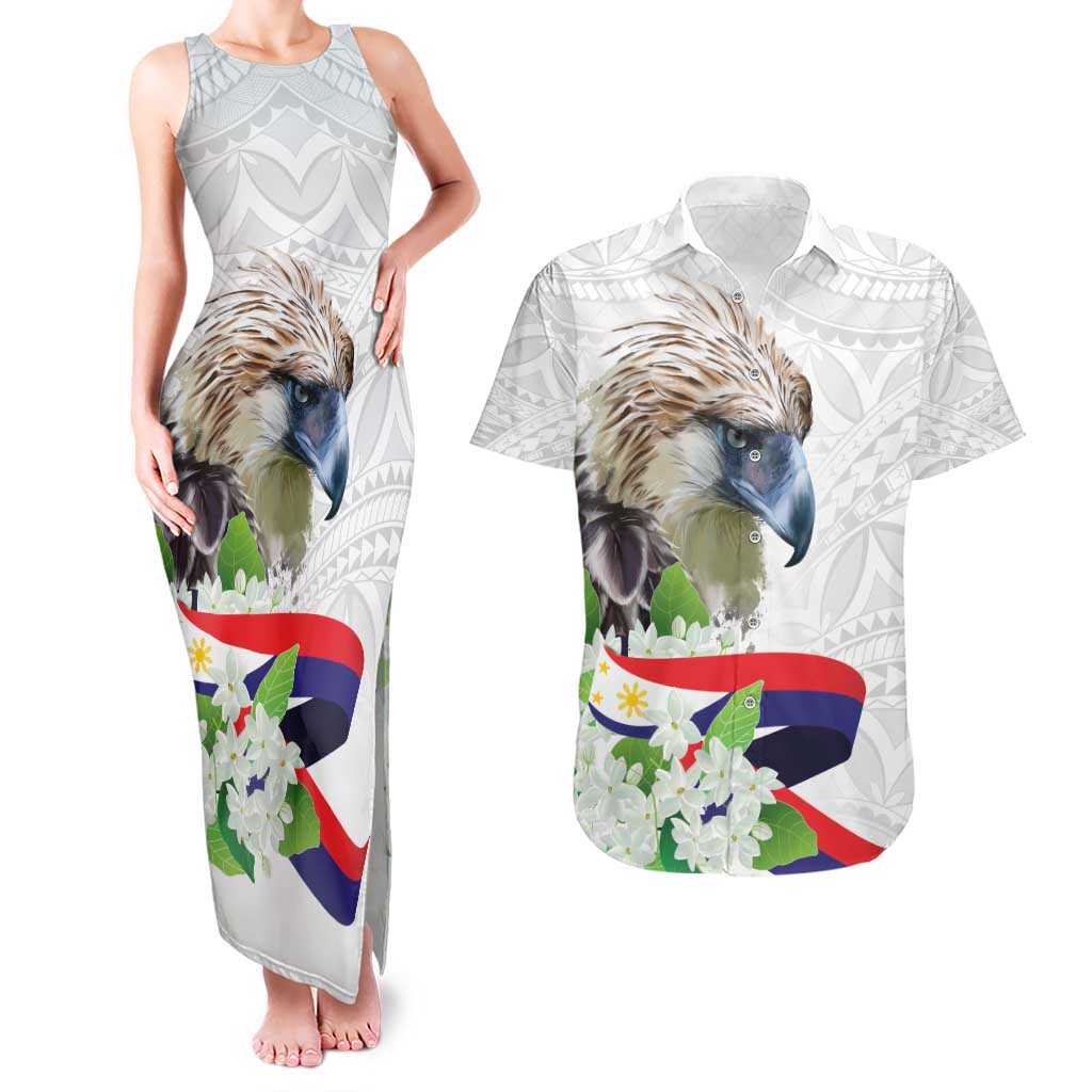 Philippines Eagle and Sampaguita Flowers Couples Matching Tank Maxi Dress and Hawaiian Shirt Polynesian Pattern LT9 - Wonder Print Shop
