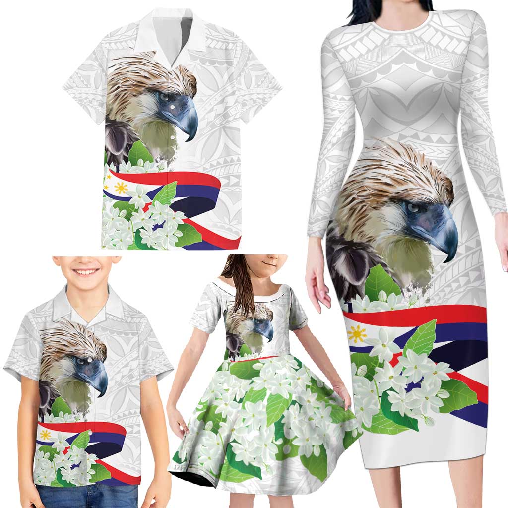 Philippines Eagle and Sampaguita Flowers Family Matching Long Sleeve Bodycon Dress and Hawaiian Shirt Polynesian Pattern LT9 - Wonder Print Shop