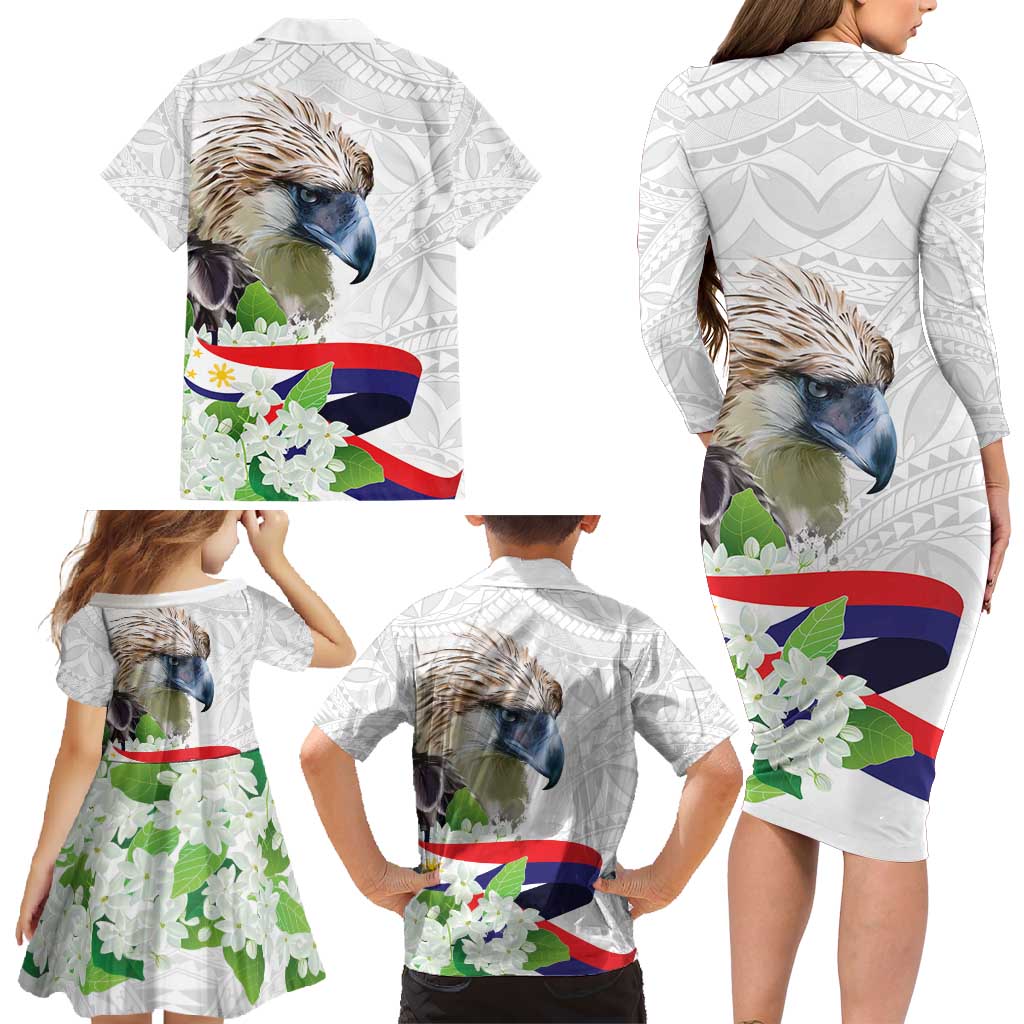 Philippines Eagle and Sampaguita Flowers Family Matching Long Sleeve Bodycon Dress and Hawaiian Shirt Polynesian Pattern LT9 - Wonder Print Shop