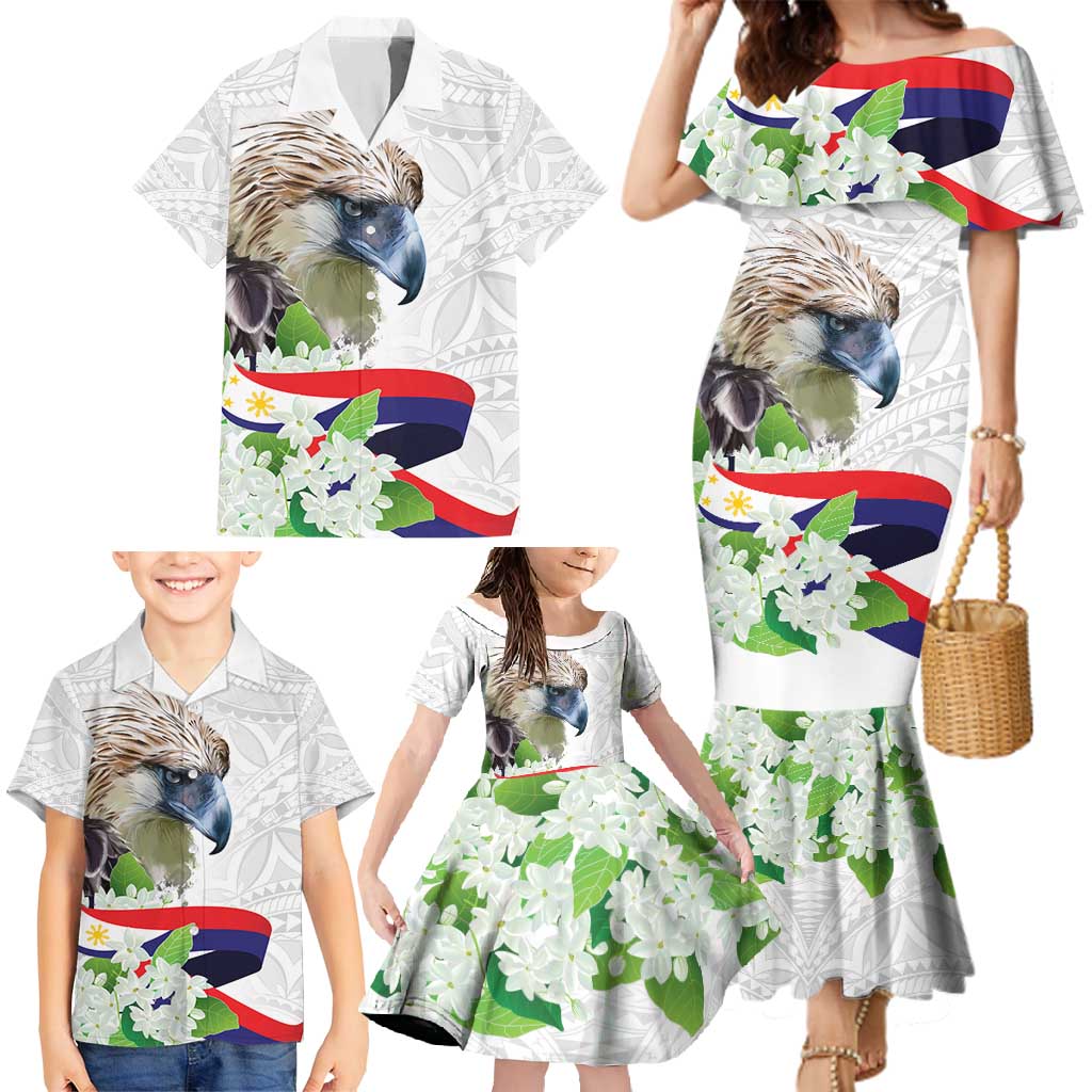 Philippines Eagle and Sampaguita Flowers Family Matching Mermaid Dress and Hawaiian Shirt Polynesian Pattern LT9 - Wonder Print Shop