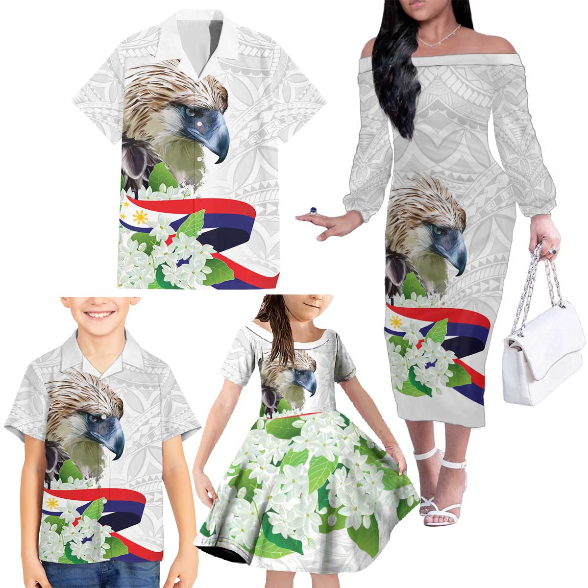 Philippines Eagle and Sampaguita Flowers Family Matching Off The Shoulder Long Sleeve Dress and Hawaiian Shirt Polynesian Pattern - Wonder Print Shop