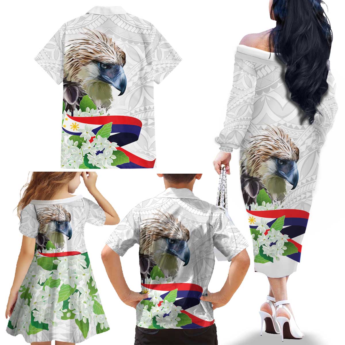 Philippines Eagle and Sampaguita Flowers Family Matching Off The Shoulder Long Sleeve Dress and Hawaiian Shirt Polynesian Pattern - Wonder Print Shop