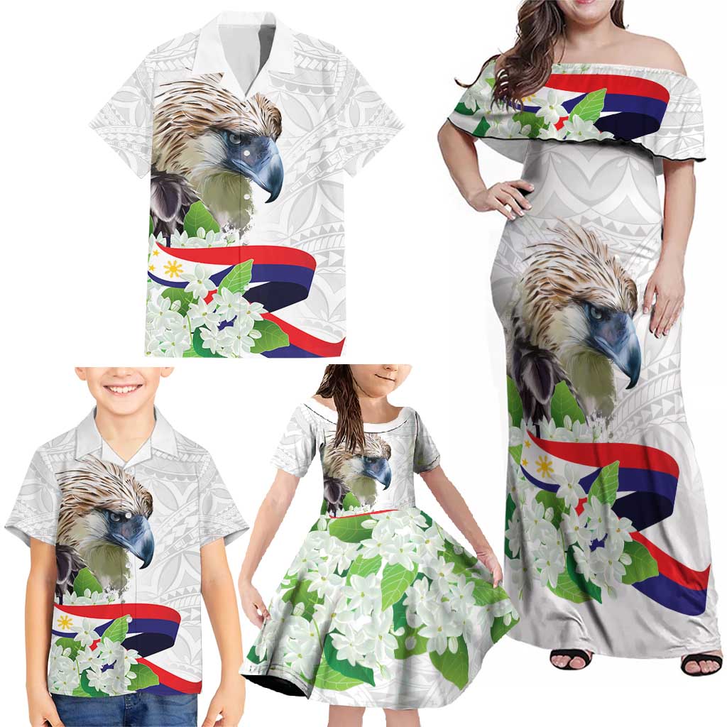 Philippines Eagle and Sampaguita Flowers Family Matching Off Shoulder Maxi Dress and Hawaiian Shirt Polynesian Pattern LT9 - Wonder Print Shop