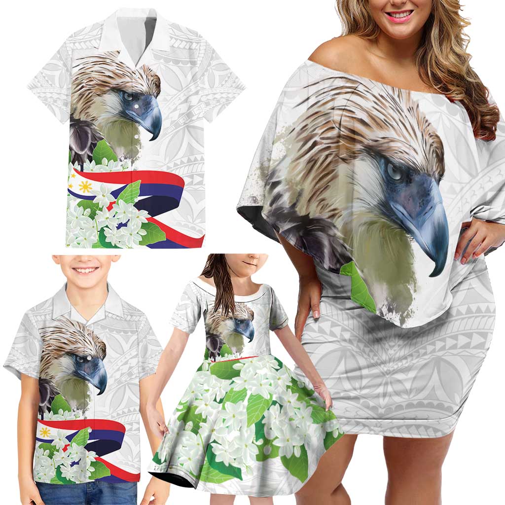 Philippines Eagle and Sampaguita Flowers Family Matching Off Shoulder Short Dress and Hawaiian Shirt Polynesian Pattern LT9 - Wonder Print Shop