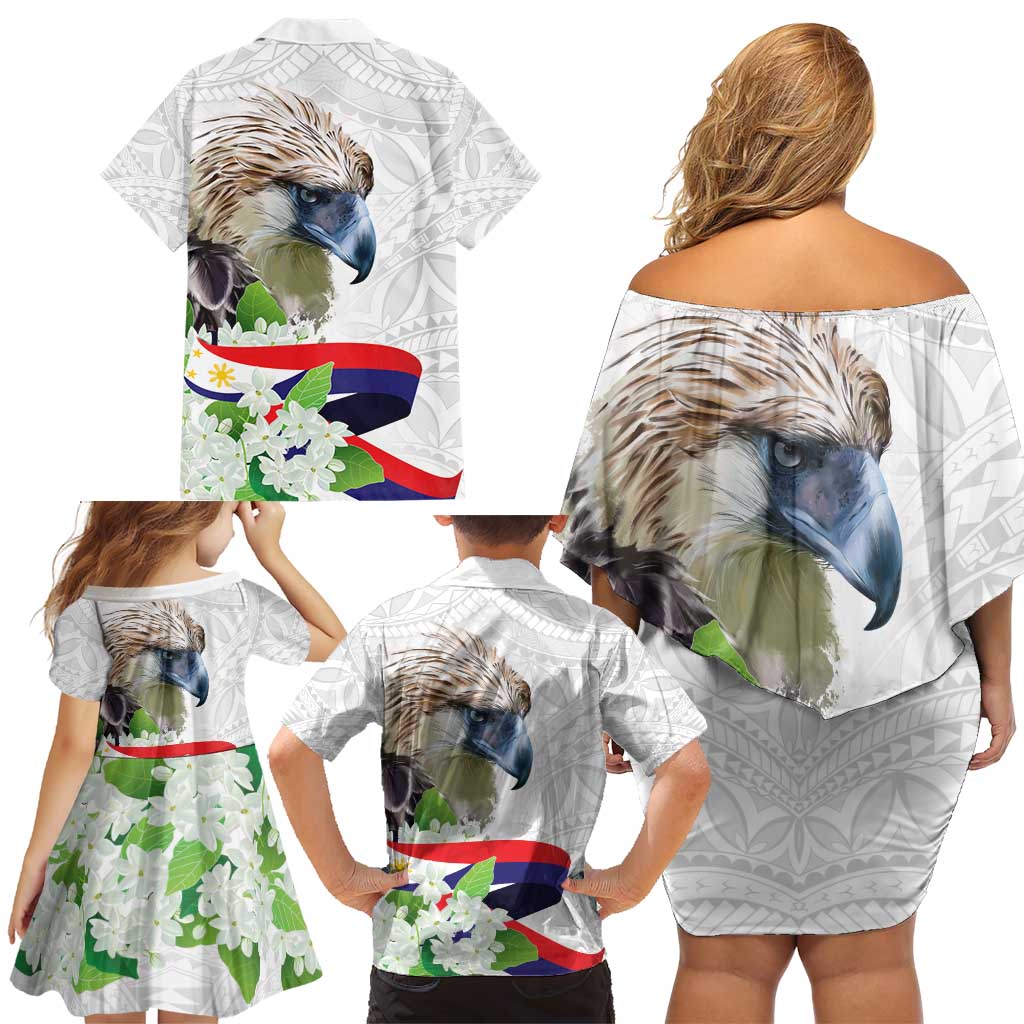 Philippines Eagle and Sampaguita Flowers Family Matching Off Shoulder Short Dress and Hawaiian Shirt Polynesian Pattern LT9 - Wonder Print Shop