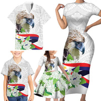 Philippines Eagle and Sampaguita Flowers Family Matching Short Sleeve Bodycon Dress and Hawaiian Shirt Polynesian Pattern - Wonder Print Shop
