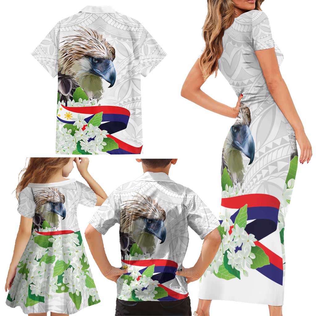 Philippines Eagle and Sampaguita Flowers Family Matching Short Sleeve Bodycon Dress and Hawaiian Shirt Polynesian Pattern - Wonder Print Shop