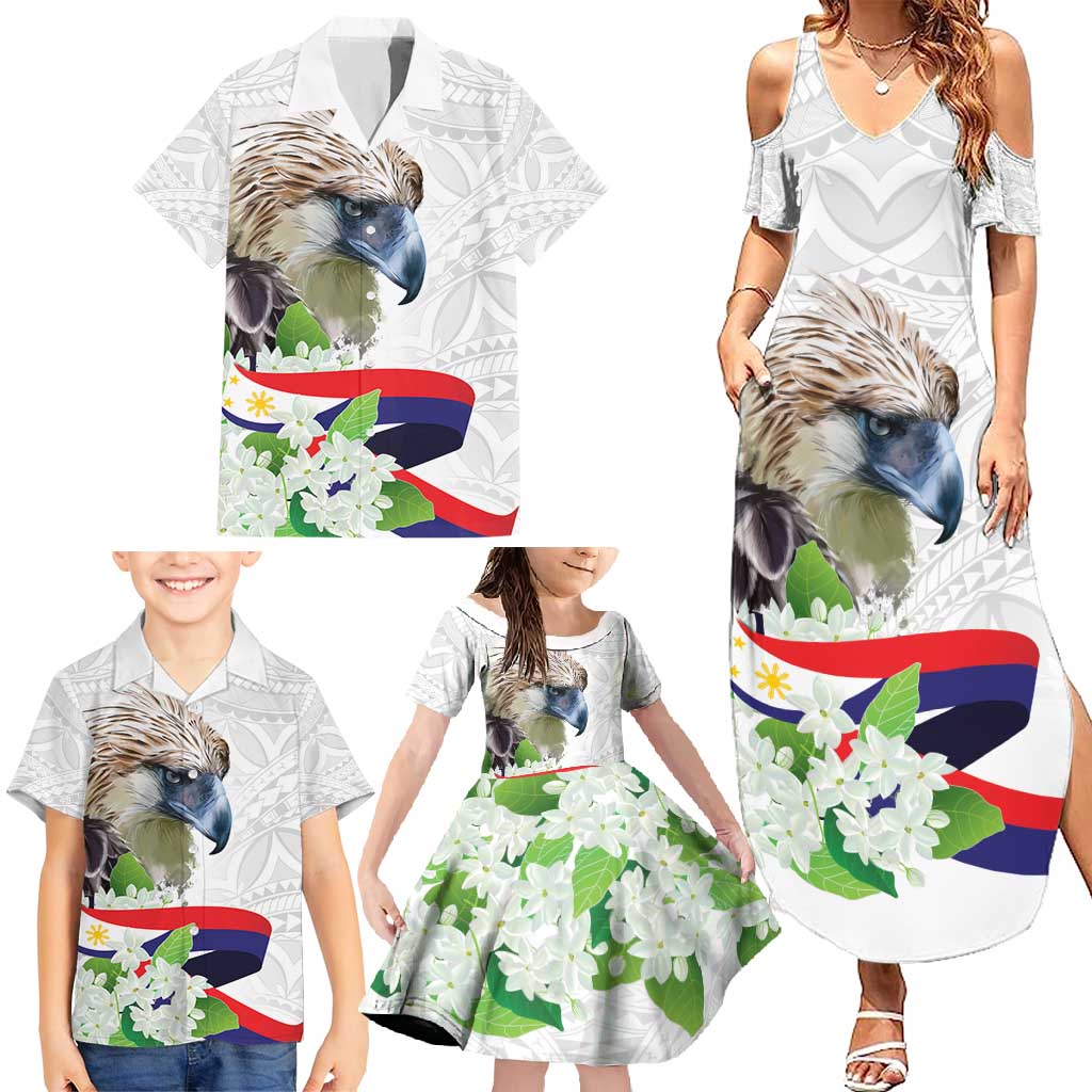 Philippines Eagle and Sampaguita Flowers Family Matching Summer Maxi Dress and Hawaiian Shirt Polynesian Pattern - Wonder Print Shop